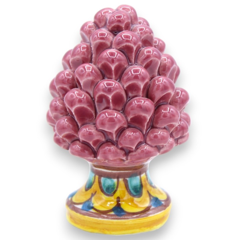 Piña de pino siciliano con base de cerámica Caltagirone decorada, altura 8/9 cm - 