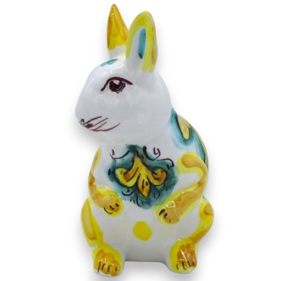 Lapin debout en céramique de Caltagirone, h environ 14 x 10 cm. décor baroque vert-de-gris et palmette - 