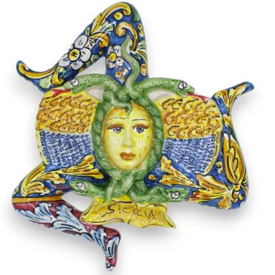 Trinacria en céramique de Caltagirone, h environ 40 cm. Bleu et bordeaux, décoration baroque et fleurs - 