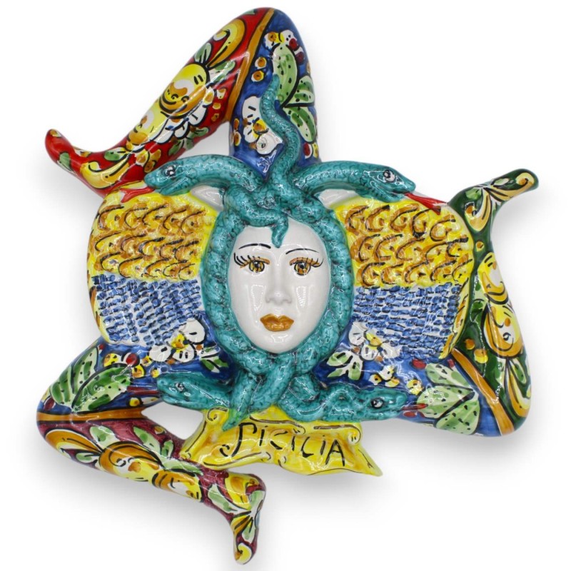Trinacria in Caltagirone ceramic, h approx. 40 cm. Blue, green and burgundy, lemon, flower and prickly pear decoration -