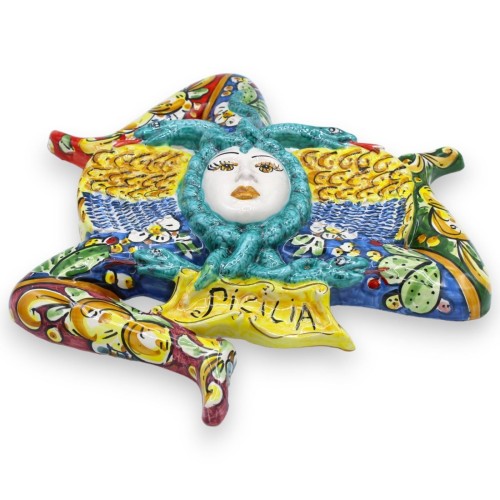 Trinacria in ceramica Caltagirone, h 40 cm ca. Blu, Verde e bordeaux, decoro limoni, fiori e ficodindia -  2