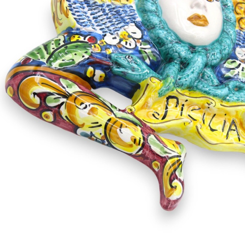 Trinacria aus Caltagirone-Keramik, H ca. 40 cm. Blaue, grüne und burgunderrote, zitronenfarbene, Blumen- und Kaktusfeige