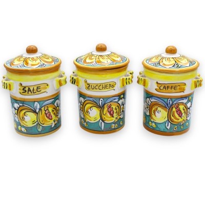 Tris Caltagirone Keramikgläser, H ca. 17 cm. Zitrone, Granatapfel und Blumendekoration - 