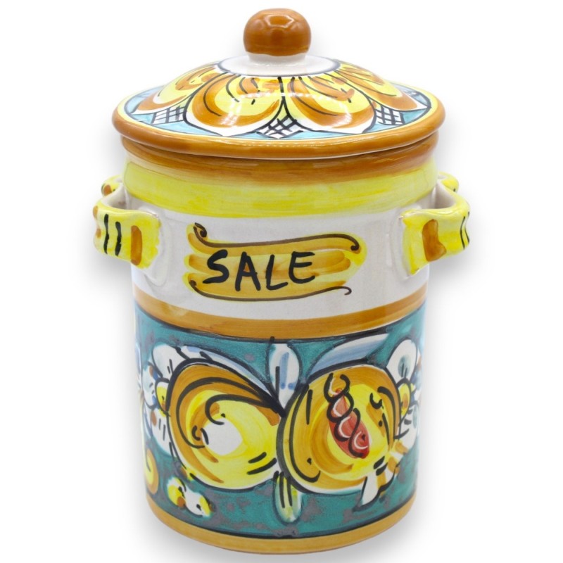 Tris Barattoli in ceramica Caltagirone, h 17 cm ca. decoro limoni, melograno e floreale - 