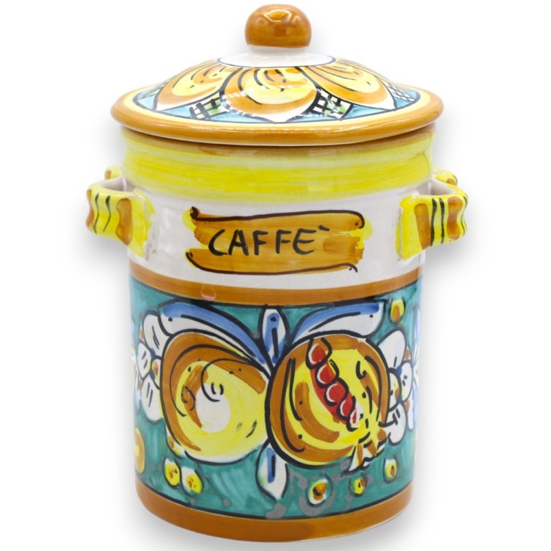 Tris Caltagirone Keramikgläser, H ca. 17 cm. Zitrone, Granatapfel und Blumendekoration - 