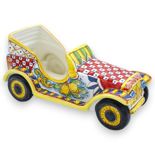 Auto d'Epoca veicolo Retrò Gigante ceramica Caltagirone, L 34 x 15 cm ca. decoro carretto siciliano e limoni - 