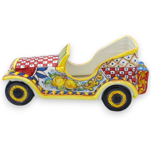 Véhicule rétro Vintage Car en céramique de Caltagirone, L 34 x 15 cm environ. Décoration charrette sicilienne et citron  2