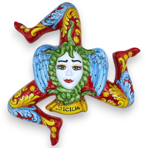 Trinacria en céramique fine sicilienne, environ 36 cm de haut. Décoration rouge, baroque et fleurs - 