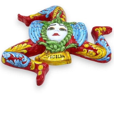 Trinacria en céramique fine sicilienne, environ 36 cm de haut. Décoration rouge, baroque et fleurs - 