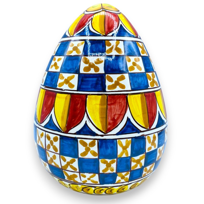 Uovo ceramica di Caltagirone h 22 cm ca. decoro carretto siciliano rosso giallo e blu - 