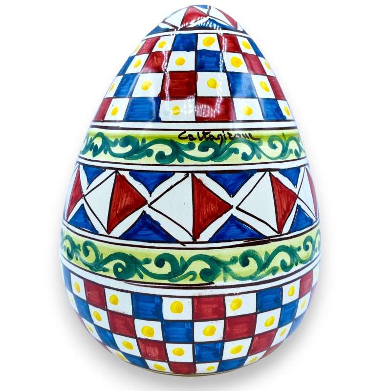 Huevo de Caltagirone con decoración de carro siciliano, floral rojo, azul y verde, altura aproximadamente 22 cm - 