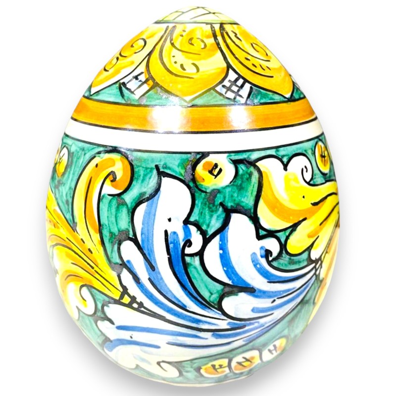 Egg in Caltagirone ceramic baroque decoration with verdigris background - height 15 cm - 