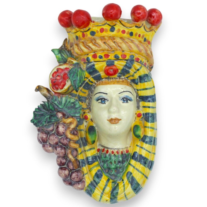Testa Murale (da Appendere) ceramica Caltagirone h 18 cm ca. Verde/Giallo, Frutta e Corona - 