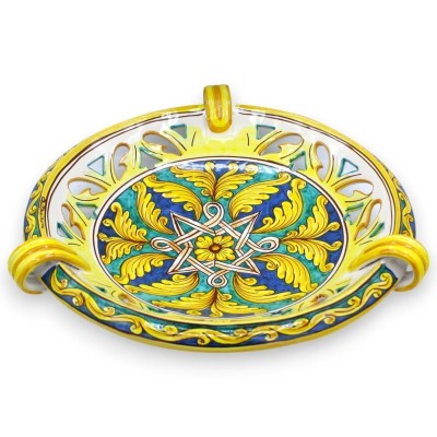 Perforated fruit bowl centerpiece with handles, Caltagirone ceramic, Ø approx. 40 cm. (1pc) Ribbon and Palmette - 