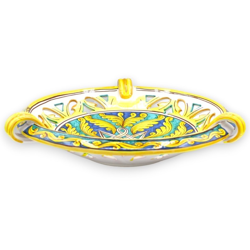 Centro de mesa frutero perforado con asas, cerámica Caltagirone, Ø aprox.40 cm. (1 pieza) Cinta y palmeta - 