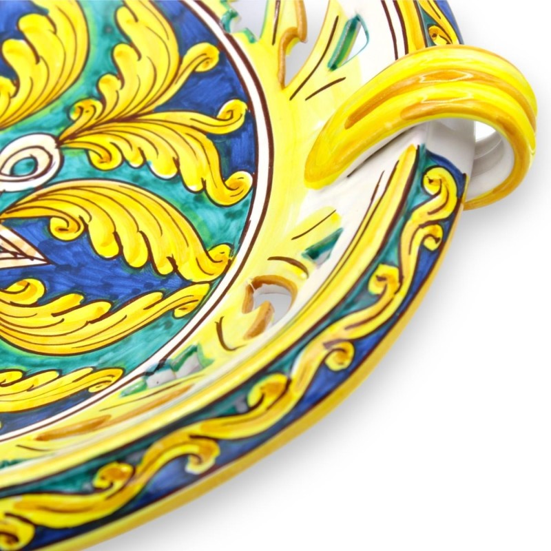 Perforated fruit bowl centerpiece with handles, Caltagirone ceramic, Ø approx. 40 cm. (1pc) Ribbon and Palmette - 