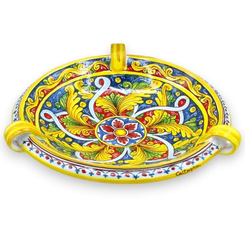 Centrotavola fruttiera con manici, ceramica Caltagirone, Ø 40 cm ca. (1Unità) Barocco, nastrini e fiore - 