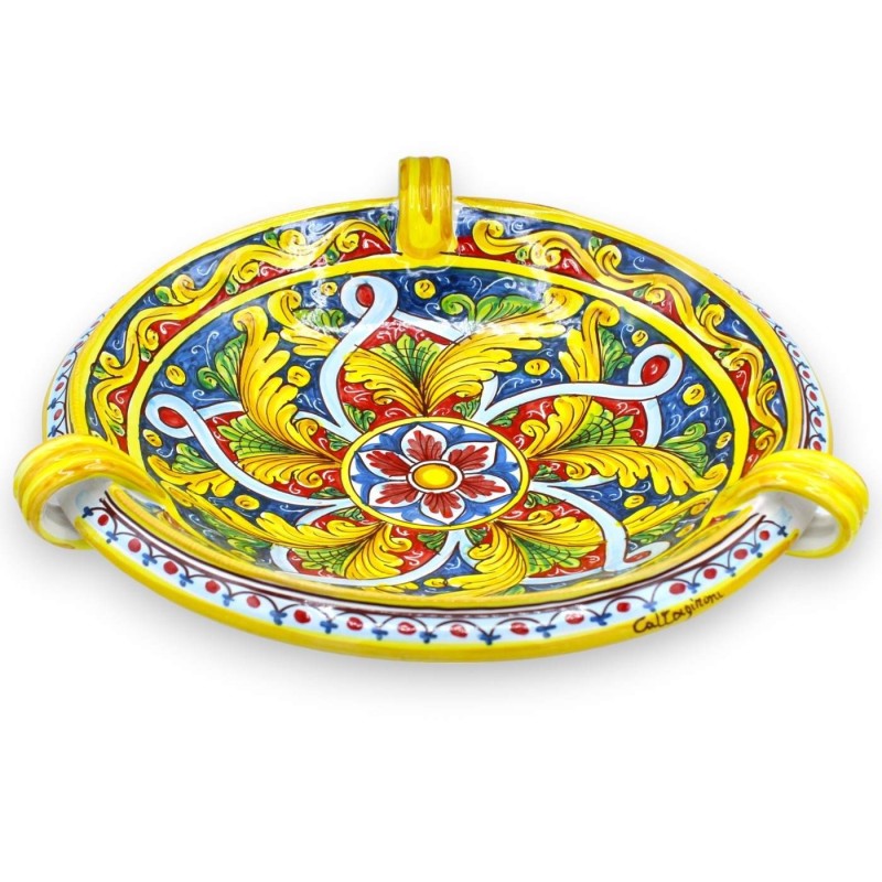 Centre de table coupe à fruits avec anses, céramique Caltagirone, Ø environ 40 cm. (1pc) Baroque, rubans et fleur - 