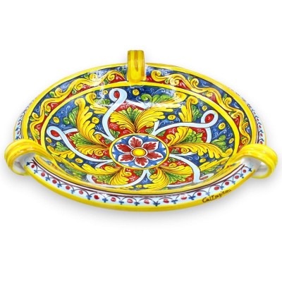 Centre de table coupe à fruits avec anses, céramique Caltagirone, Ø environ 40 cm. (1pc) Baroque, rubans et fleur - 