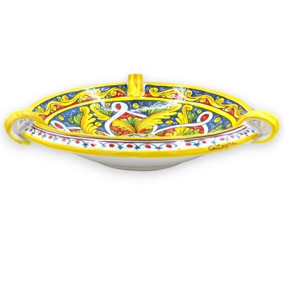 Centre de table coupe à fruits avec anses, céramique Caltagirone, Ø environ 40 cm. (1pc) Baroque, rubans et fleur - 