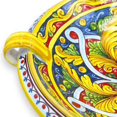 Centre de table coupe à fruits avec anses, céramique Caltagirone, Ø environ 40 cm. (1pc) Baroque, rubans et fleur - 