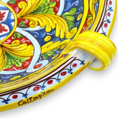 Centre de table coupe à fruits avec anses, céramique Caltagirone, Ø environ 40 cm. (1pc) Baroque, rubans et fleur - 
