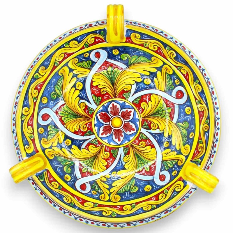 Centre de table coupe à fruits avec anses, céramique Caltagirone, Ø environ 40 cm. (1pc) Baroque, rubans et fleur - 