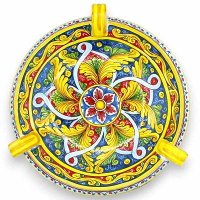 Centre de table coupe à fruits avec anses, céramique Caltagirone, Ø environ 40 cm. (1pc) Baroque, rubans et fleur - 