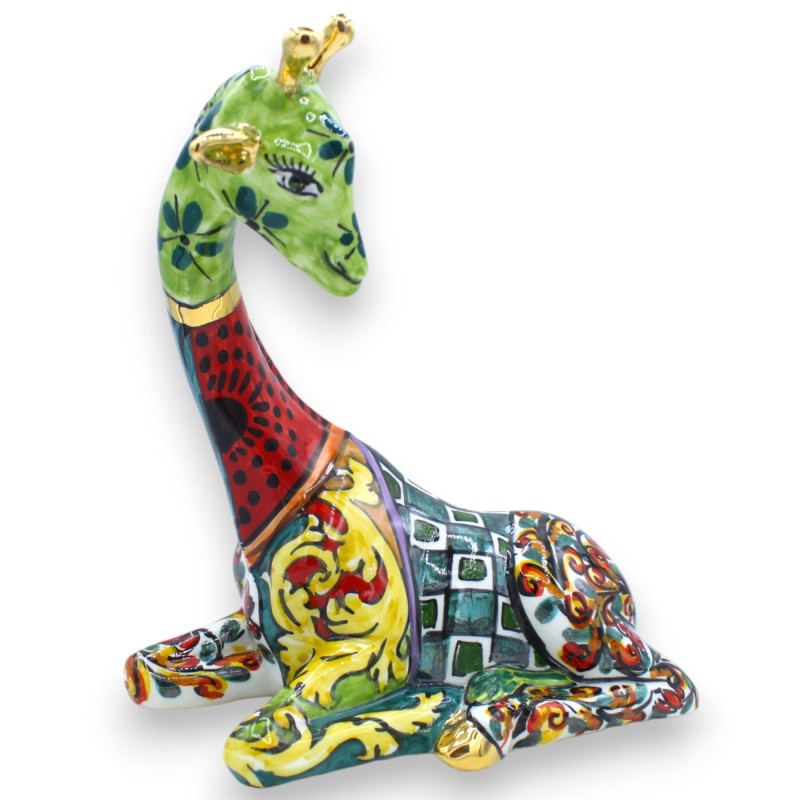 Giraffa Seduta in Ceramica Caltagirone (1pz) 30x25 cm ca. Serie ÉLITE, Smalto Oro Zecchino 24k - 