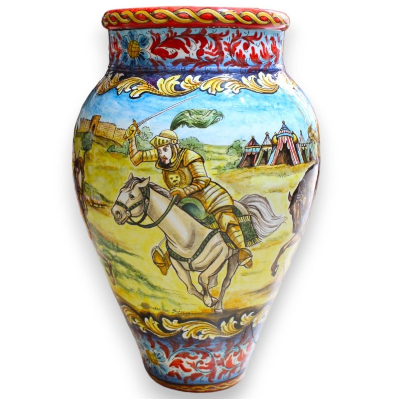 Tarro gigante h aprox.72 cm. Decoración cerámica de Caltagirone con escenas de batallas entre paladines y sarracenos. - 