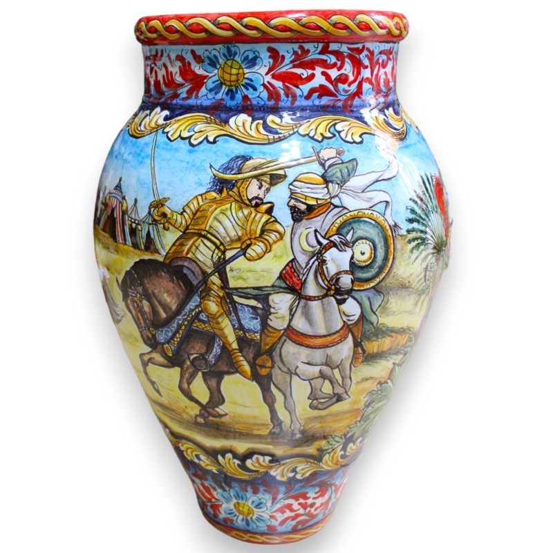Siciliansk keramikburk, h ca 72 cm. dekorerad med scener av strider mellan Paladins och Saracens - 