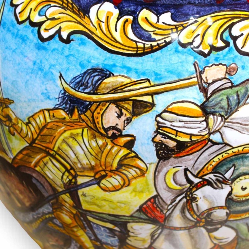 Tarro gigante h aprox.72 cm. Decoración cerámica de Caltagirone con escenas de batallas entre paladines y sarracenos. - 