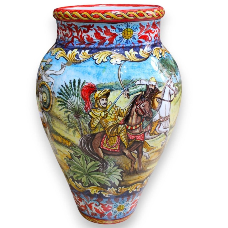 Giant jar h approx. 72 cm. Caltagirone ceramic decoration with scenes of battles between Paladins and Saracens - 