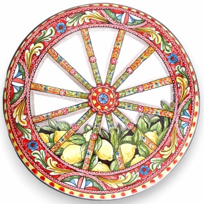 Runder Tisch aus Ätna-Lavastein Ø 80 cm, schmiedeeisernes Untergestell, sizilianisches Wagenrad und Zitronendekor - 