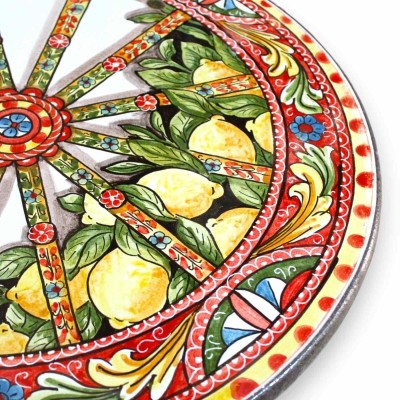 Runder Tisch aus Ätna-Lavastein Ø 80 cm, schmiedeeisernes Untergestell, sizilianisches Wagenrad und Zitronendekor - 