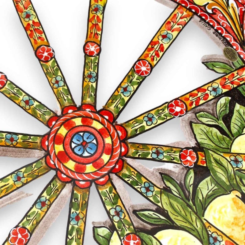 Runder Tisch aus Ätna-Lavastein Ø 80 cm, schmiedeeisernes Untergestell, sizilianisches Wagenrad und Zitronendekor - 