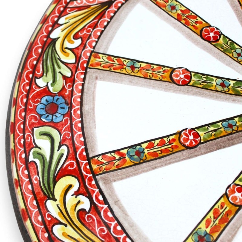 Runder Tisch aus Ätna-Lavastein Ø 80 cm, schmiedeeisernes Untergestell, sizilianisches Wagenrad und Zitronendekor - 