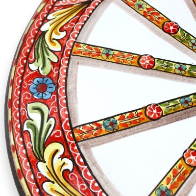 Round table in Etna lava stone Ø 80 cm, wrought iron pedestal, Sicilian cart wheel and lemon decoration - 