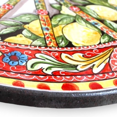 Round table in Etna lava stone Ø 80 cm, wrought iron pedestal, Sicilian cart wheel and lemon decoration - 