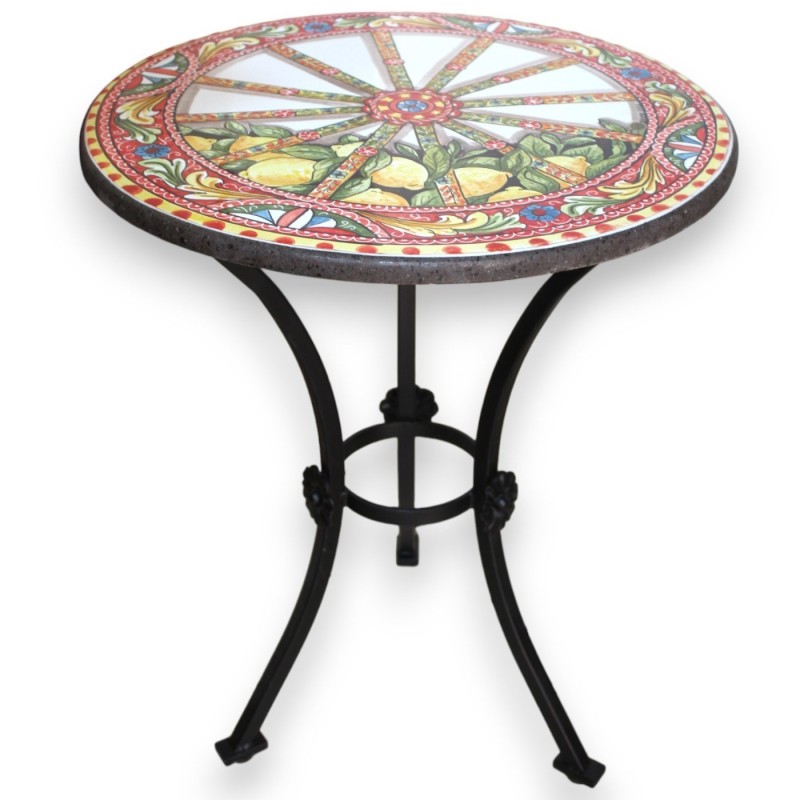 Ronde tafel in Etna-lavasteen Ø 80 cm, smeedijzeren voetstuk, Siciliaans karrenwiel en citroendecoratie - 