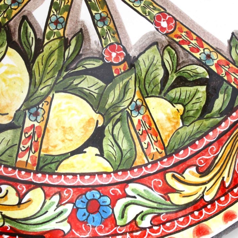 Runder Tisch aus Ätna-Lavastein Ø 80 cm, schmiedeeisernes Untergestell, sizilianisches Wagenrad und Zitronendekor - 