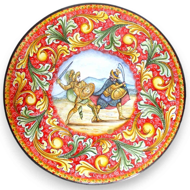 Runder Tisch aus Lavastein inklusive schmiedeeiserner Struktur, Ø ca. 60 cm. Barocke Dekoration mit Paladin-Kampfszene -