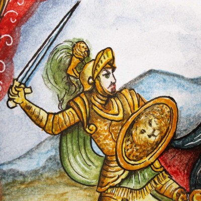 Runder Tisch aus Lavastein inklusive schmiedeeiserner Struktur, Ø ca. 60 cm. Barocke Dekoration mit Paladin-Kampfszene -