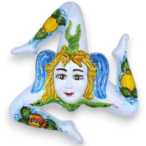 Trinacria aus feiner sizilianischer Keramik, ca. 30 cm hoch. Dekoration in Weiß, Zitrone und Granatapfel - 