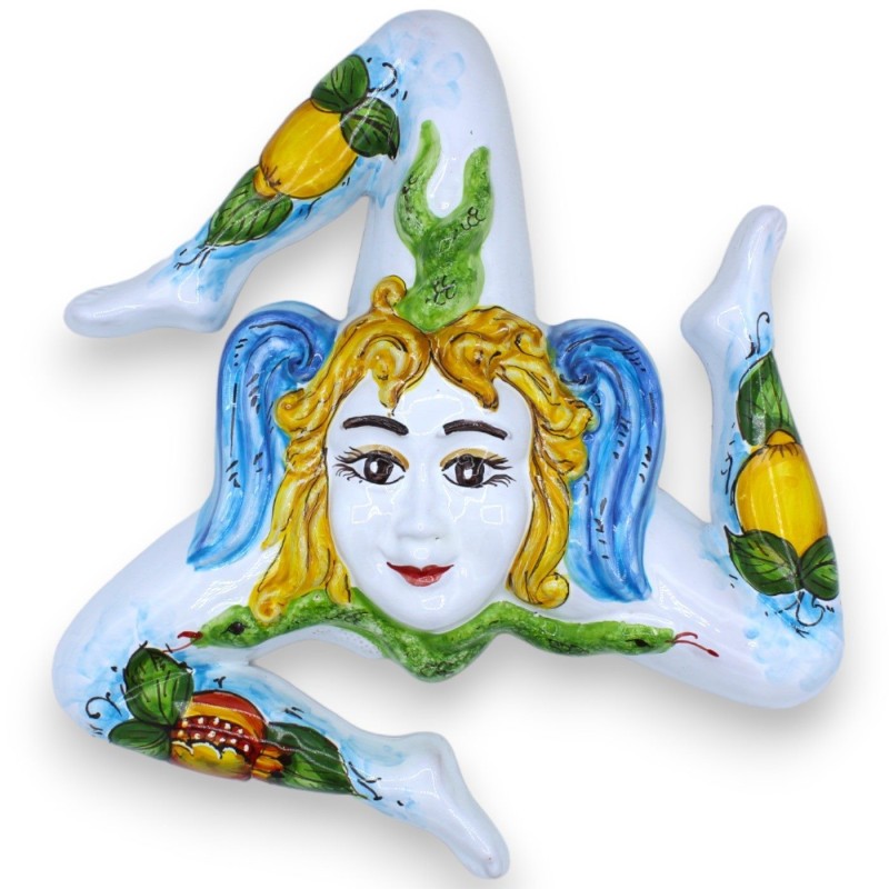 Trinacria em fina cerâmica siciliana, com cerca de 30 cm de altura. Decoração branca, limão e romã - 