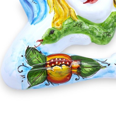 Trinacria in pregiata ceramica Siciliana, h 30 cm ca. Bianco, decoro Limoni e Melograno - 