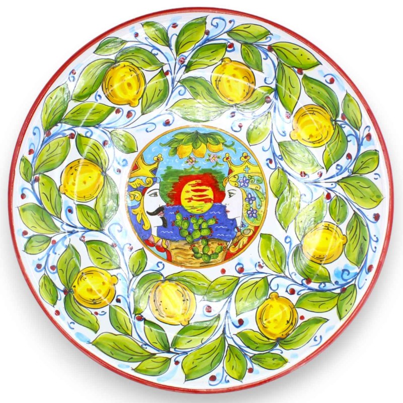 Prato ornamental Ø 38 cm aprox. Cerâmica siciliana, decoração com limões sicilianos e cabeças de mouro, borda vermelha -