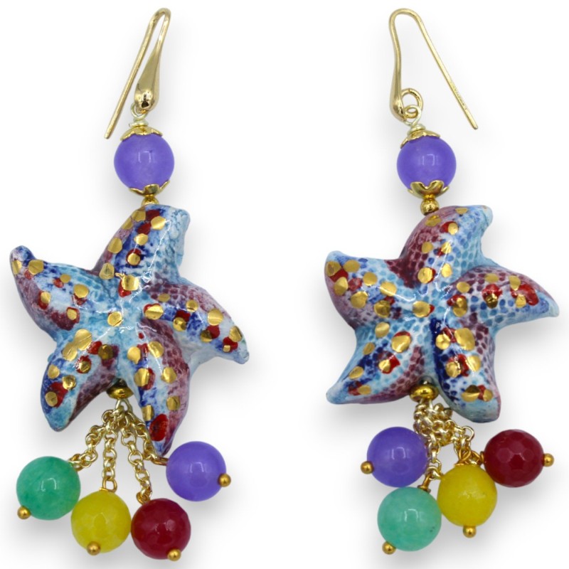 Star earrings in Caltagirone ceramic, h 8 cm approx. finished with 24k pure gold enamel, with natural stones - 