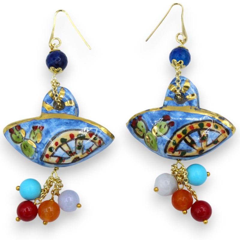 Coffa-shaped earrings in Caltagirone ceramic - h 9 cm approx. finished with 24k pure gold enamel - 