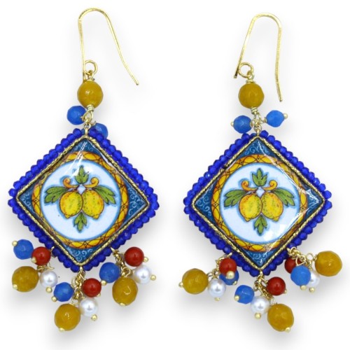 Lava stone tile earrings, blue Sicilian majolica decoration, h 7 cm - Pearls and natural stones, bamboo coral - 